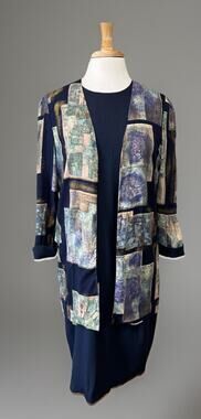 Peri Dress Duster 2pc Set Womens 14P 90s Lagenlook Boho Artisan Blue Watercolor
